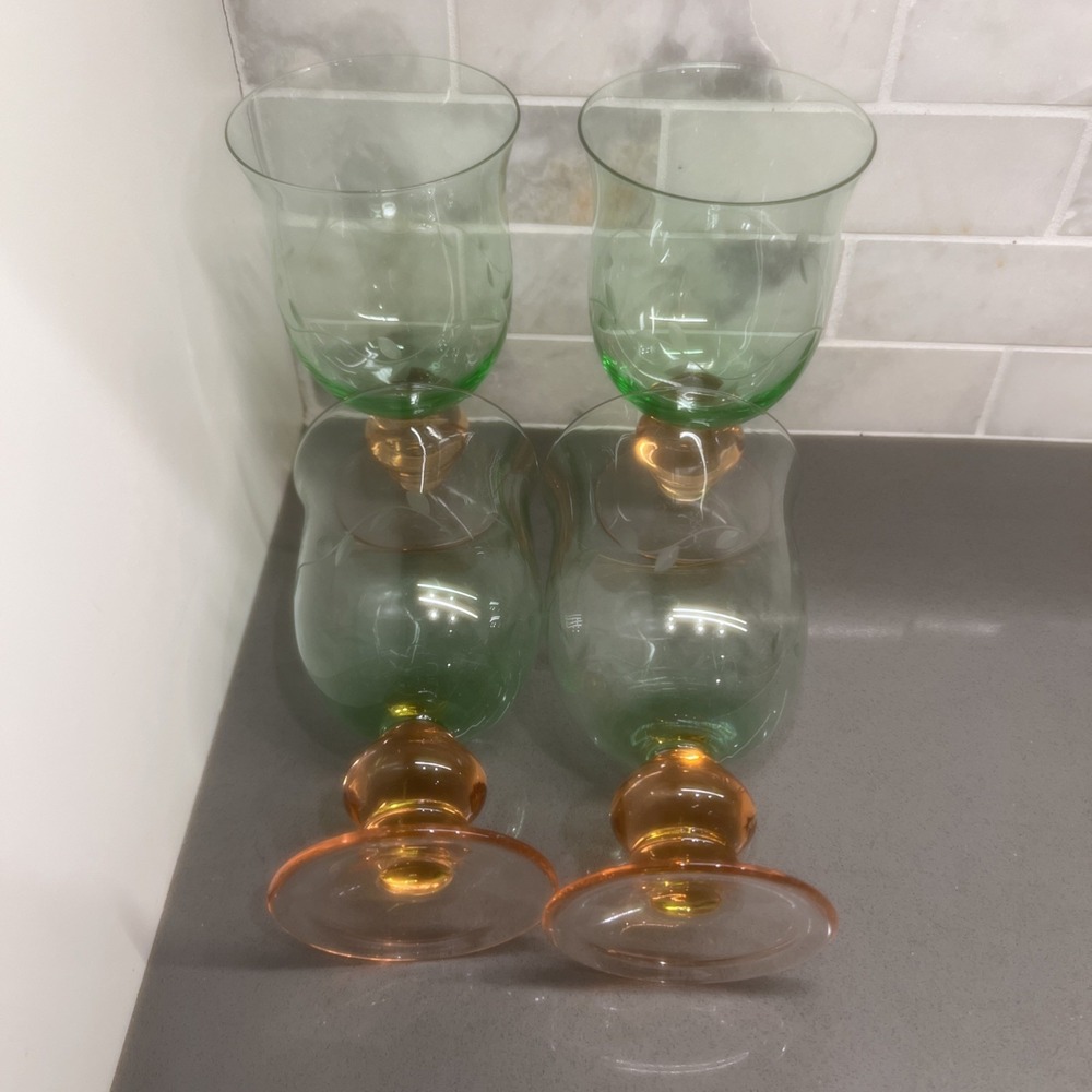 4 Vintage Pfaltzgraff Napoli Watermelon Pnk Stem Iced Tea Goblets Glasses Etched